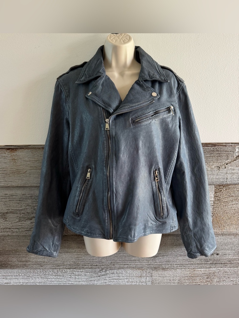 Lauren Ralph Lauren Size 14 Indigo Blue 100% Lamb Leather Moto Biker Jacket